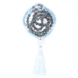 108 perles Mala, collier Mala noué avec pompon, bijoux de yoga, labradorite, aigue-marine et pierre de lune Force, soulagement du stress image 6