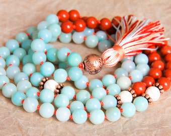 Amazonite Mala Beads, Healing Jewelry, Buddhist Necklace, Knotted Prayer Beads, Japa Mala For Healing, Detox, Stress Relief