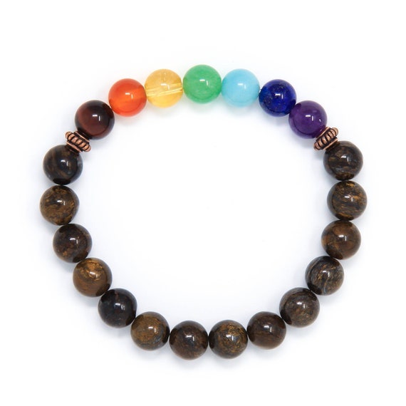 7 Chakra Bracelet, Womens Mens Mala Bracelet, Chakra Mala Beads, Yoga Jewelry, Bronzite Prayer Beads, Energy Jewelry