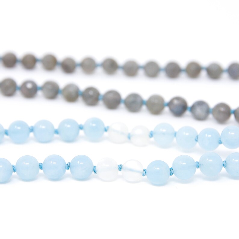 108 Mala-Perlen, verknotete Mala-Halskette mit Quaste, Yoga-Schmuck, Labradorit, Aquamarin & Mondstein Stärke, Stressabbau Bild 5