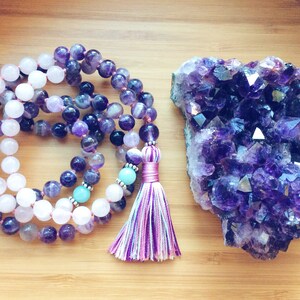 Amethyst Mala Beads, Spiritual Jewelry, Buddhist Prayer Beads, Mala Necklace, Rose Quartz, Sterling Silver  - Love, Healing Energy