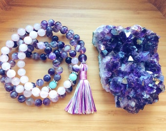 Amethyst Mala Beads, Spiritual Jewelry, Buddhist Prayer Beads, Mala Necklace, Rose Quartz, Sterling Silver  - Love, Healing Energy