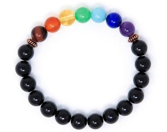 Chakra Mala Bracelet, Mens Womens Yoga Bracelet, 7 Chakra Beads, Black Tourmaline Wrist Mala Prayer Beads, Yoga Jewelry