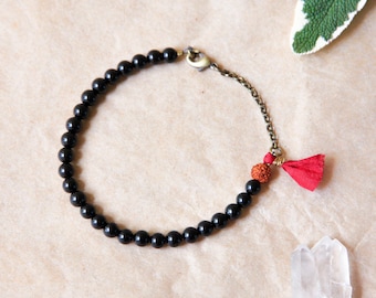 Pulsera de turmalina negra, pulsera pequeña de mala, joyería de yoga, pulsera bohemia, joyería espiritual, positividad, alivio del estrés