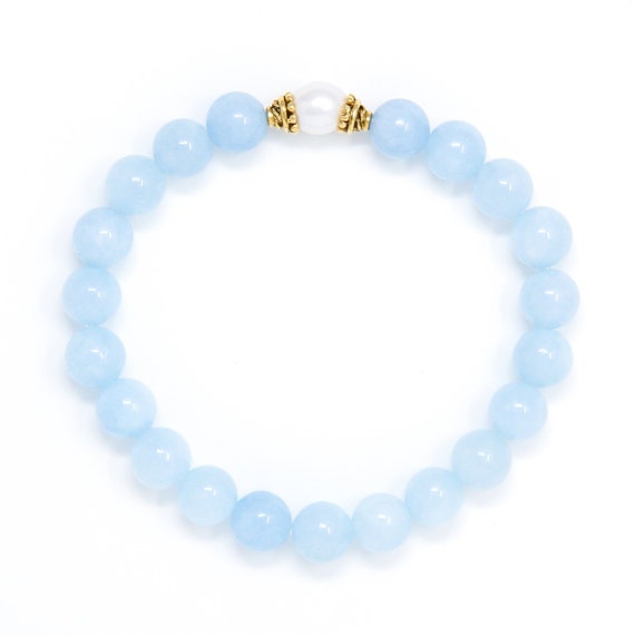 Buddhist Mala Bracelet, Mantra Bracelet, Yoga Jewelry, Aquamarine & Freshwater Pearl - Calmness, Stress Relief, Courage, Feminine Energy