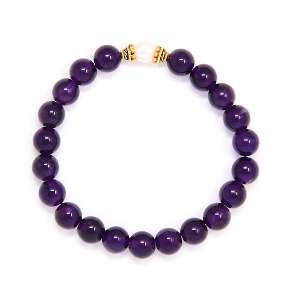 Buddhist Mala Bracelet, Yoga Bead Bracelet, Spiritual Jewelry, Amethyst & Freshwater Pearl - Healing, Emotional Balance, Spirituality