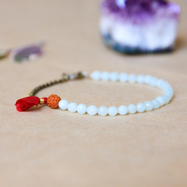 Delicate Amazonite Bracelet, Small Bead Bracelet w Tassel, Gemstone Bead Bracelet, Yoga Jewelry, Wrist Mala, Health, Balance, Stress Relief