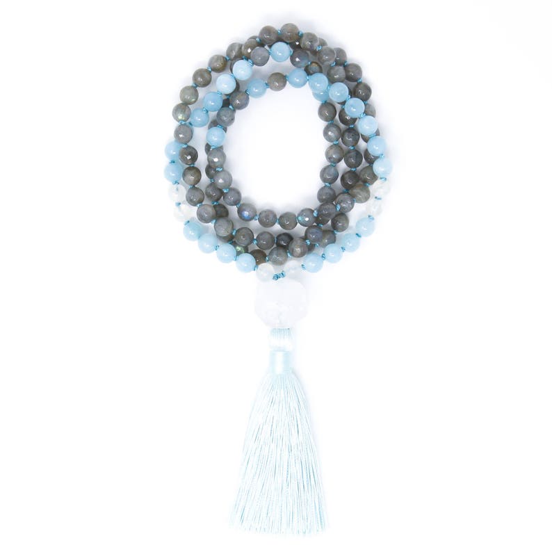 108 perles Mala, collier Mala noué avec pompon, bijoux de yoga, labradorite, aigue-marine et pierre de lune Force, soulagement du stress image 4