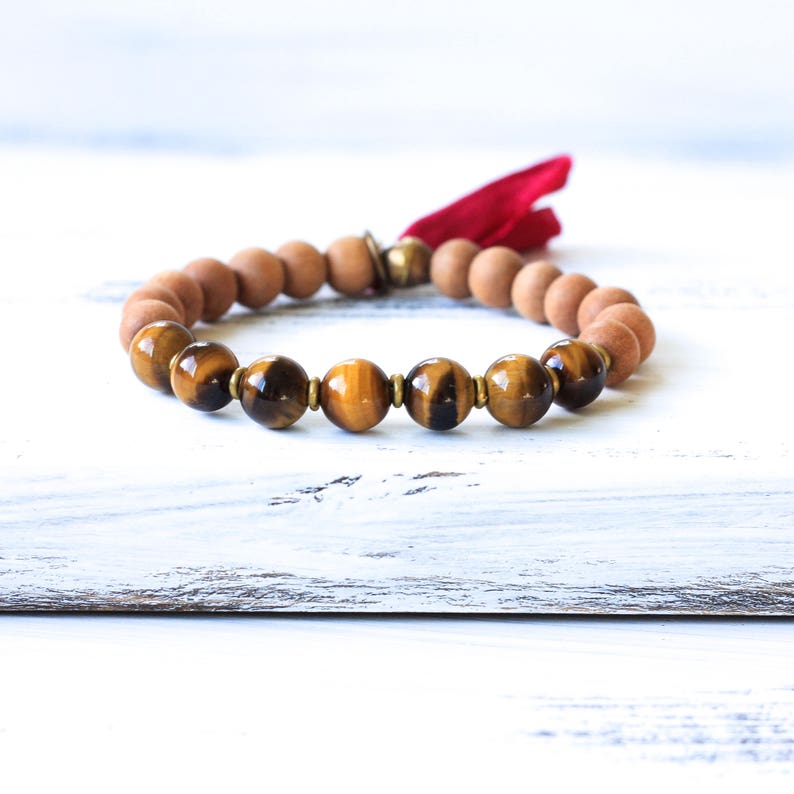 Sandalwood Bracelet, Sandalwood Mala Beads, Tiger Eye Bracelet, Mala Bracelet, Yoga Jewelry, Boho Jewelry image 1