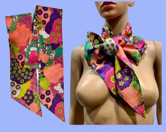 Vintage 60s MOD Psychedelic Print Head Scarf | Neck Tie | Scarf | 64 x 4.5"