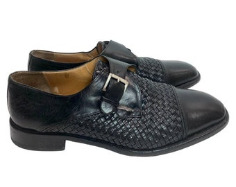 Vintage Mezlan Black Woven Leather Monk Strap Loafers | Men 10.5