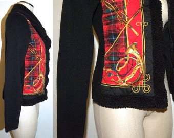 Vintage Ralph Lauren Equestrian Scarf Print SWEATER / Fox Hunt Quilted Jacket Zip Cardigan Women S/M