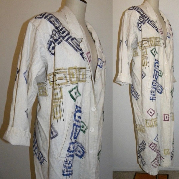 90s Hand Painted Cotton Coat| Boho Oversized Duster | Art to Wear 1990s | OS