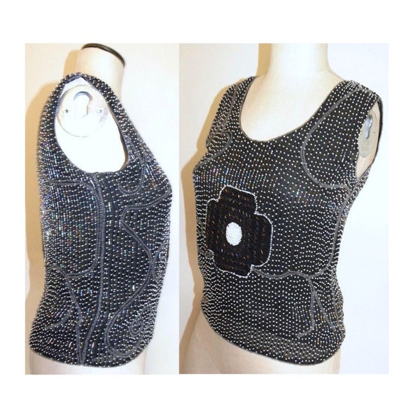 70s Beaded SILK Sleeveless Top | Mod Glam | XXS / XS