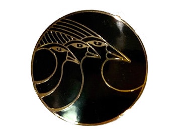 70s 80s LARGE Laurel Burch Celestial Birds Clip On Earrings | Enamel Black & Gold | 1" Diameter