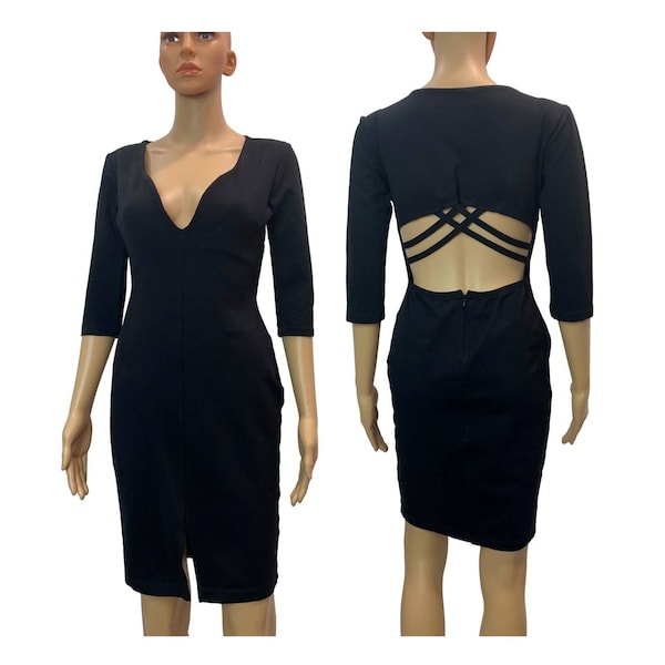 80s Black Cut Out Spandex Dress | Low Cut Tight Fit Classic | M