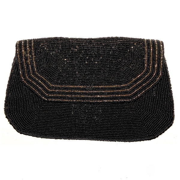 30s 40s Black Beaded Silk Evening Bag | Small Clutch | Vintage Art Deco Bag