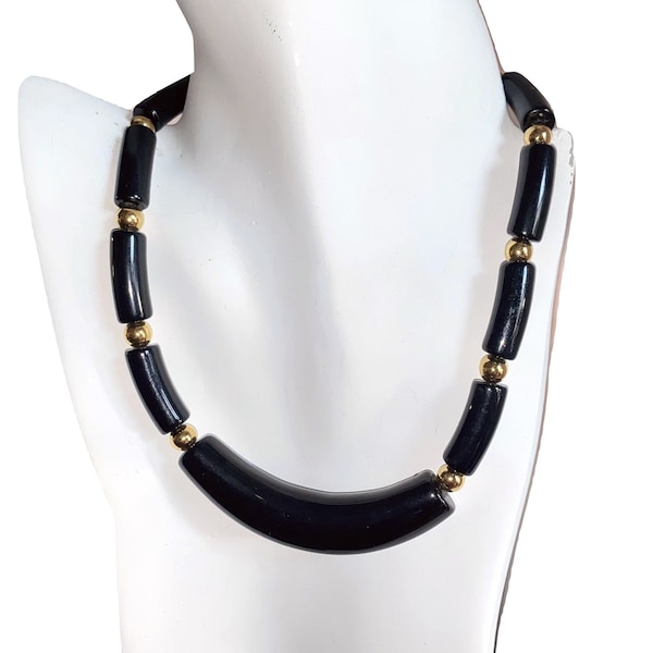 80s Napier Black & Gold Lucite Choker Necklace | Modernist Chunky Acrylic Collar | Vintage Costume Jewelry