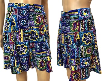 80s 90s Ultra High Waist Wide Leg Rayon Shorts | Bold Print Multicolor| fits 27 - 28" W