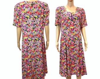 90s Liz Claiborne Floral Rayon Midi Dress | Bohemian Boho | Vintage 14 Petite | Fits Medium Large