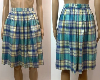 70s Madras Cotton Skirt | Teal Blue Yellow Lavender Plaid Pleated | XXS/XS 22- 25" waist