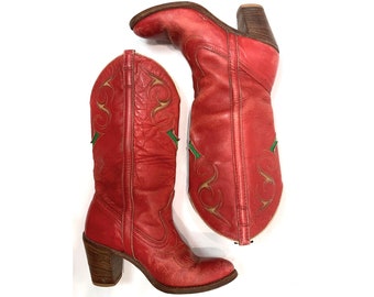 70s 80s Red Dingo Cowboy Boots | Distressed Leather Western Boots with 3" Heels | Women size 5