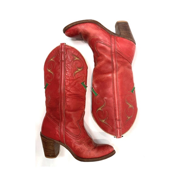 70s 80s Red Dingo Cowboy Boots | Distressed Leather Western Boots with 3" Heels | Women size 5