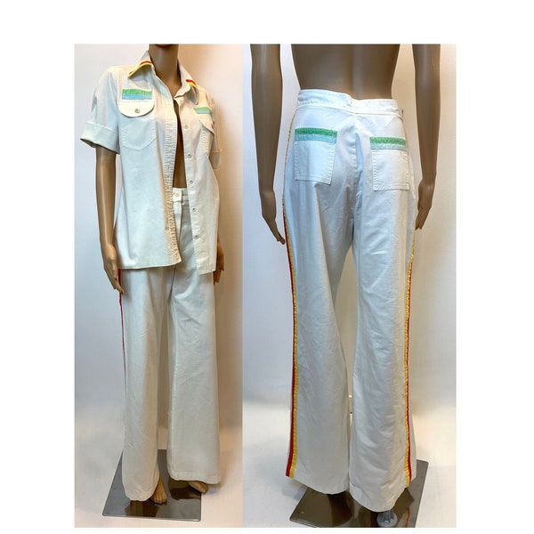 70s Mod Safari Pant & Jacket Set | Blouse and High Waisted Flares Bell Bottoms | W 28" x L 32"