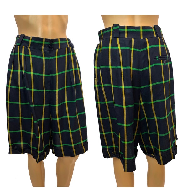 90s Blue & Green Window Pane Walking Shorts | Windowpane Academia Preppy Long Pleated Front Cuff Hems  | W 28 - 29"