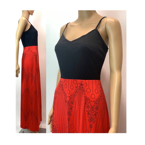 60s 70s Alfred Shaheen Maxi Dress | Black Spaghetti Strap Top Red MOD Print Skirt | XS/Small