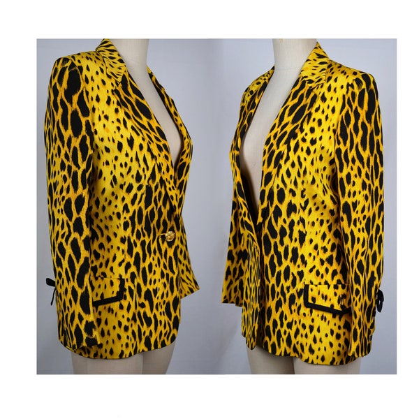 90s Gianni Versace Silk Blazer | 1992 Spring Summer RUNWAY Leopard Yellow | Italy 42 Fits Small