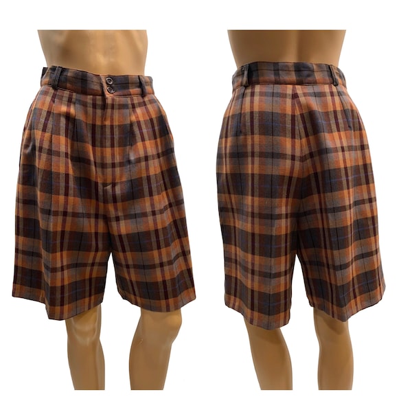 80s Brown Plaid Academia Walking Shorts | Vintage Pleated Tartan Wool Dress Shorts | Waist 27"