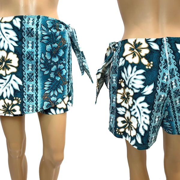 80s 90s Hawaiian Skort | Teal Blue Aloha Tropical Floral Print | made Hawaii | Vintage M | W 28 - 28.5"