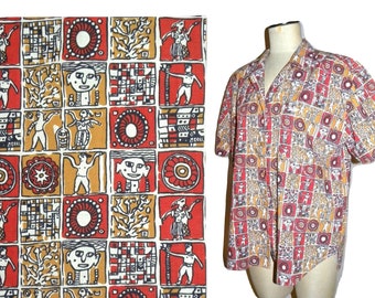 80s Oversized Camp Shirt with Folk Art Print | Women Short Sleeve Cotton Blouse | Fits M/L
