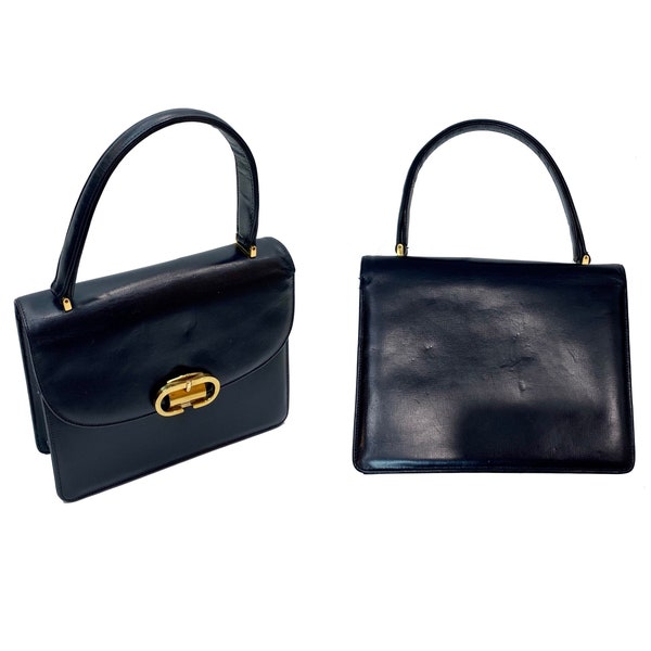 60s Navy Blue Leather Top Handle Structured Bag | Gold Tone Buckle Clasp | Morris Moskowitz | 8" x 6.5" x 3.25"