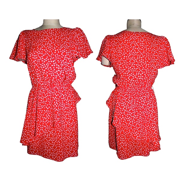 90's Red & White Small Print Dress with Flounce | Small