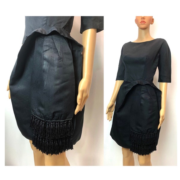 50s 60s Black Cocktail Dress | Mid Century MOD Sash Fringe Accent | Breakfast at Tiffany's Style XS