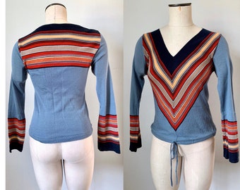 70s V-Neck Sweater w Tie Waist & Bell Sleeves | Skiva | Blue Striped Bold Colorblock Pullover | XS/S