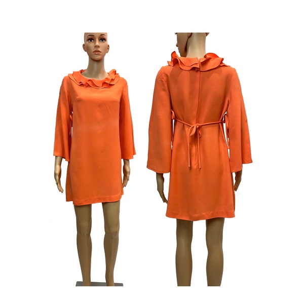 60s Orange Babydoll Mini Dress with Ruffle Collar & Bell Sleeves | S
