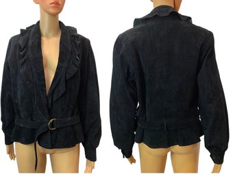 70's 80s Bergdorf Goodman Black Suede Jacket with Belt | Puff Sleeve RUFFLE Collar Luxury | Luxe S/M