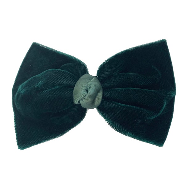 80s 90s Alexandre De Paris Large Dark Green Velvet And Silk Hair Bow Barrette | 6" x 4"