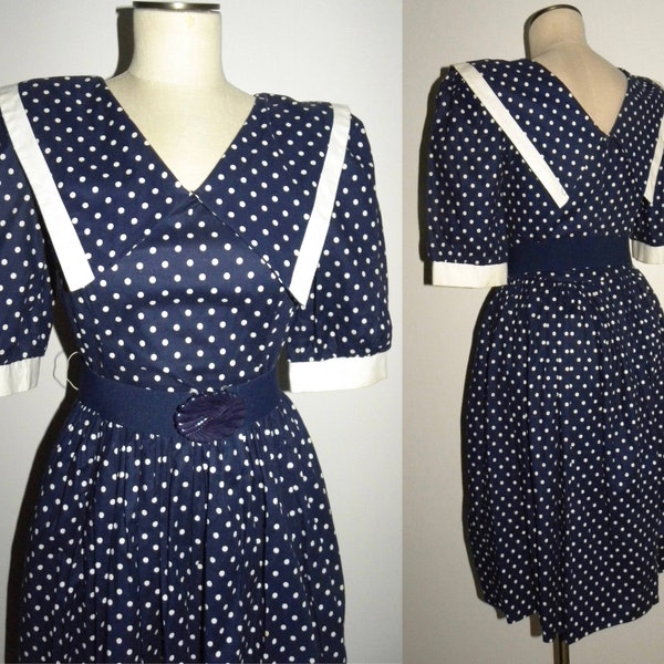 80's Navy Blue & White Polka Dot Dress | Vintage Sailor Style Dress | Small