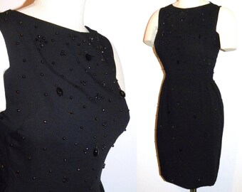 60s Black Beaded Cocktail Dress | Mid Century MOD Wiggle Dress LBD| Fits XS