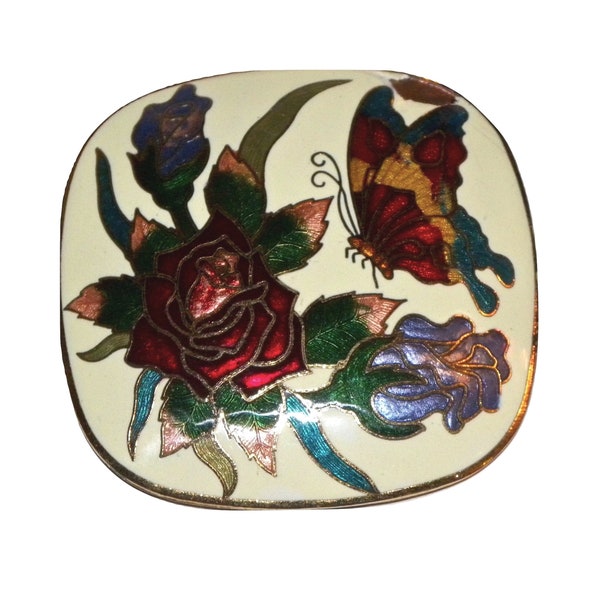 70s Cloisonné Belt Buckle | Gold Tone Butterfly & Flowers | 2.5" x 2.5" | Flaw