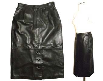 80s 90s Soft Luxe Black Leather MIDI Skirt | Pencil Skirt Straight with Button Detail | 29" waist