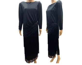 80's does 20s Black Flapper Style Gown | Fringe Skirt Asymmetrical Hem Evening Gown | S