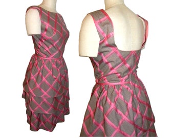 50s 60s Pink & Gray Dress | Fitted Bodice RUFFLE Tiered Skirt | Pat Premo California | XS Small