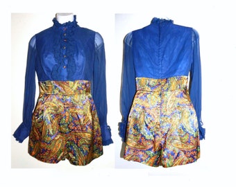 1960s 60s Hot Pants Romper / One Piece GO GO Sheer Blouse & Paisley shorts / Mod one of a kind / XXS