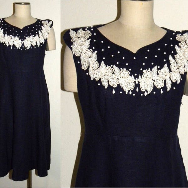 50s Dark Blue Linen Dress | Lace Beaded Neckline Mid Century Rockabilly Dress | Medium to Large