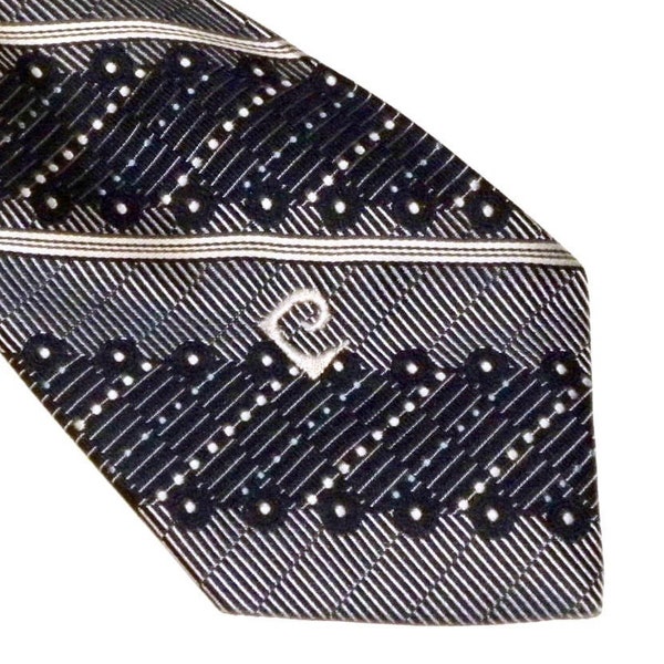 70s PIERRE CARDIN Super Wide Necktie | Vintage Blue Logo Striped Geometric Tie | 4" WIDE